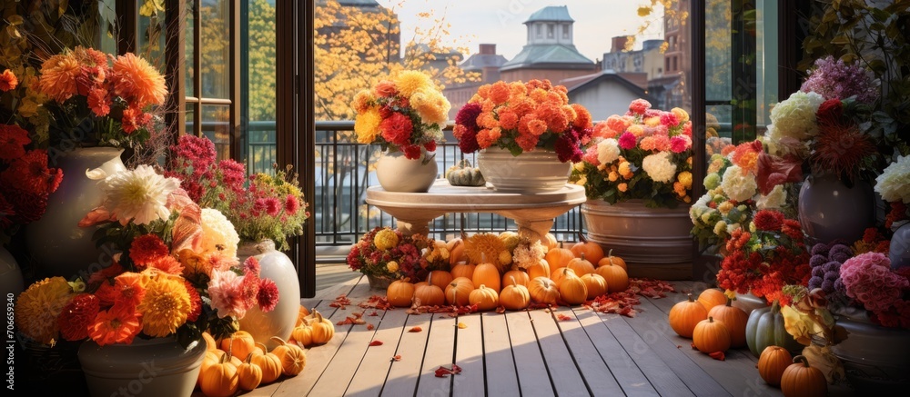 Stylish florist adorns terrace with autumn-inspired ekibana for holiday.