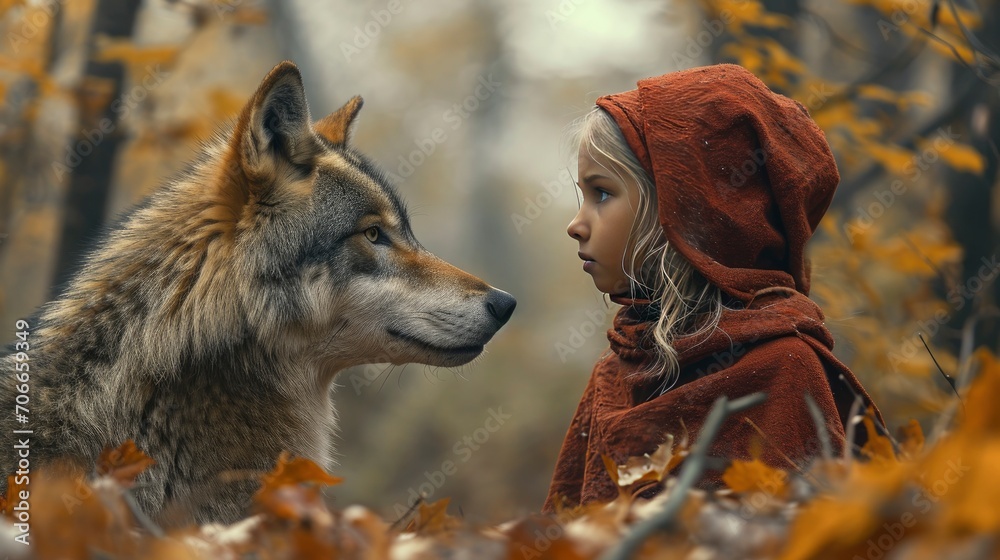 little red riding hood little girl in a red cape with a wolf in the forest - obrazy, fototapety, plakaty 