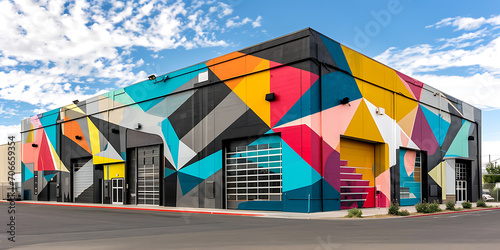 Uma imagem dinâmica de um mural de rua vibrante e colorido adornando o lateral de um prédio, exibindo a artística urbana e o impacto da arte pública nas paisagens urbanas. photo