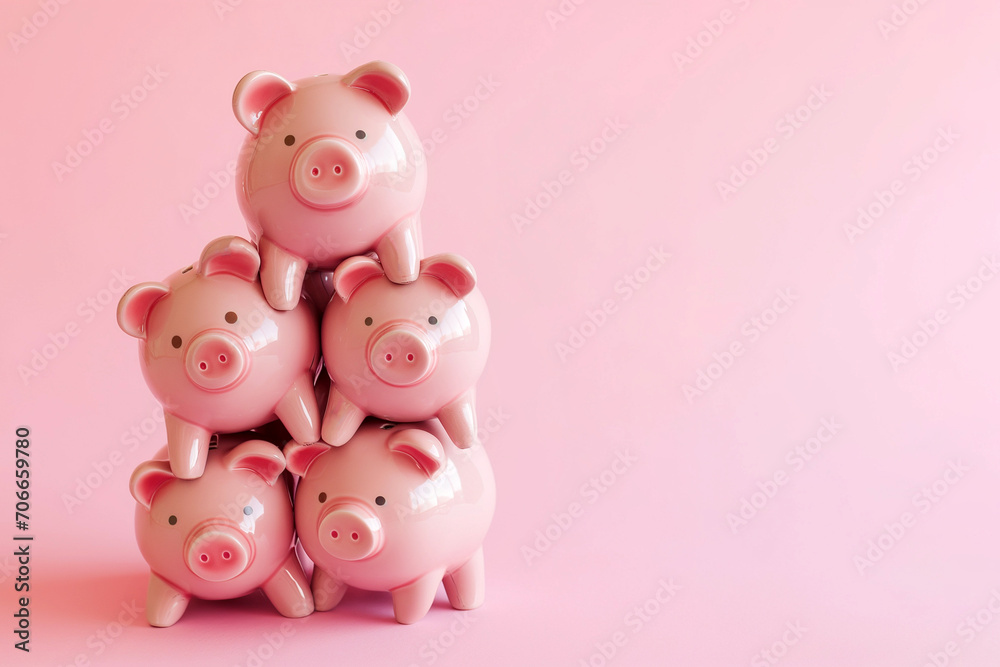Group of pink piggy banks on pink background. Personal savings and financial investment, money storage, money boxes. Finance and saving for different purposes. Financial literacy, family wealth