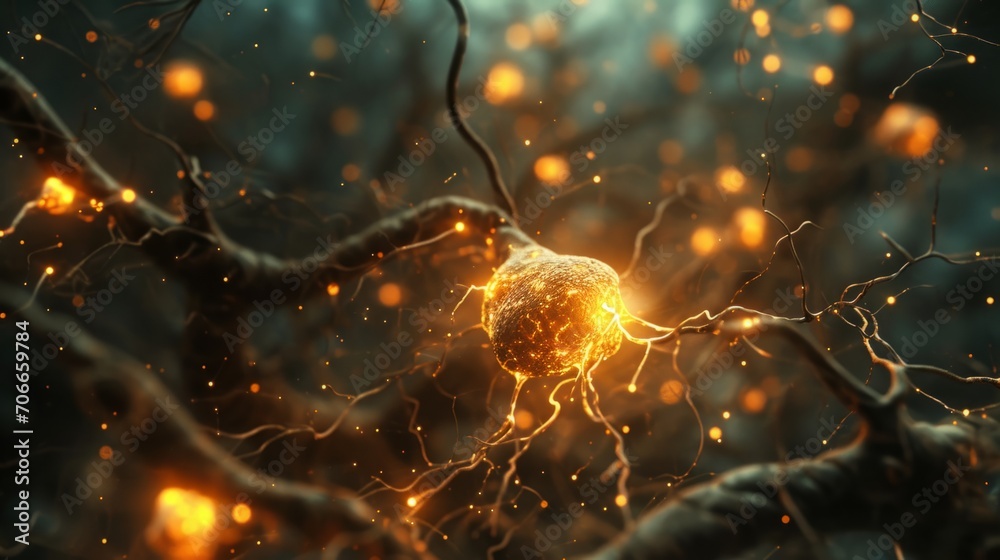 Neurons cells featuring luminescent connections resembling knots. Glowing neurons within the brain, highlighted with a focused effect. The transmission of electrical between synapses and neural cells.
