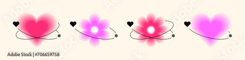 Y2k aesthetic trendy hearts and flowers with blur. Aura around shapes with gradient gradation. Collection of cute vector forms on a light background.