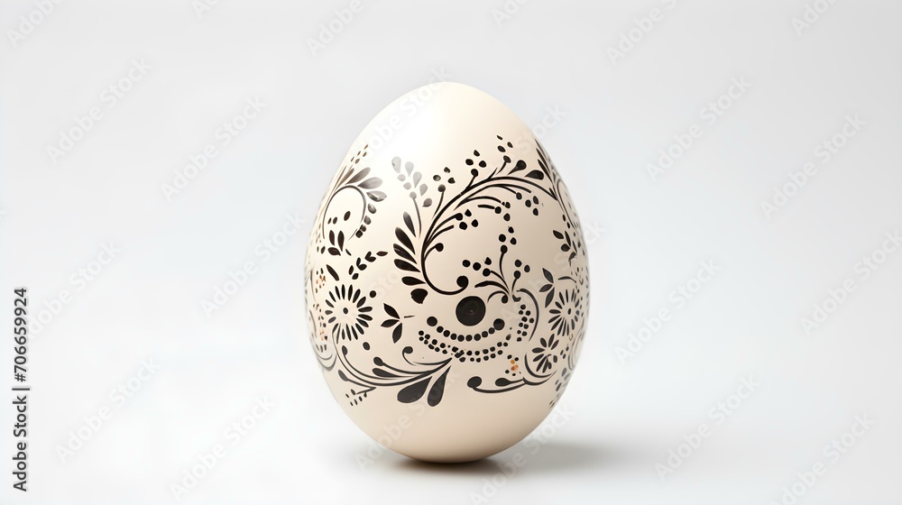 Hand Painted Easter Egg in ivory Colors on a white Background. Elegant Easter Template with Copy Space