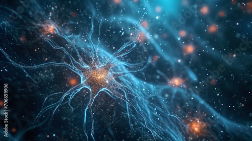 Neurons cells featuring luminescent connections resembling knots. Glowing neurons within the brain, highlighted with a focused effect. The transmission of electrical between synapses and neural cells. © Vladimir