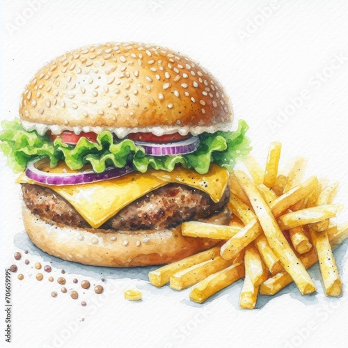 Savory Burger Delight: Fast-Food Indulgence in Watercolor Art