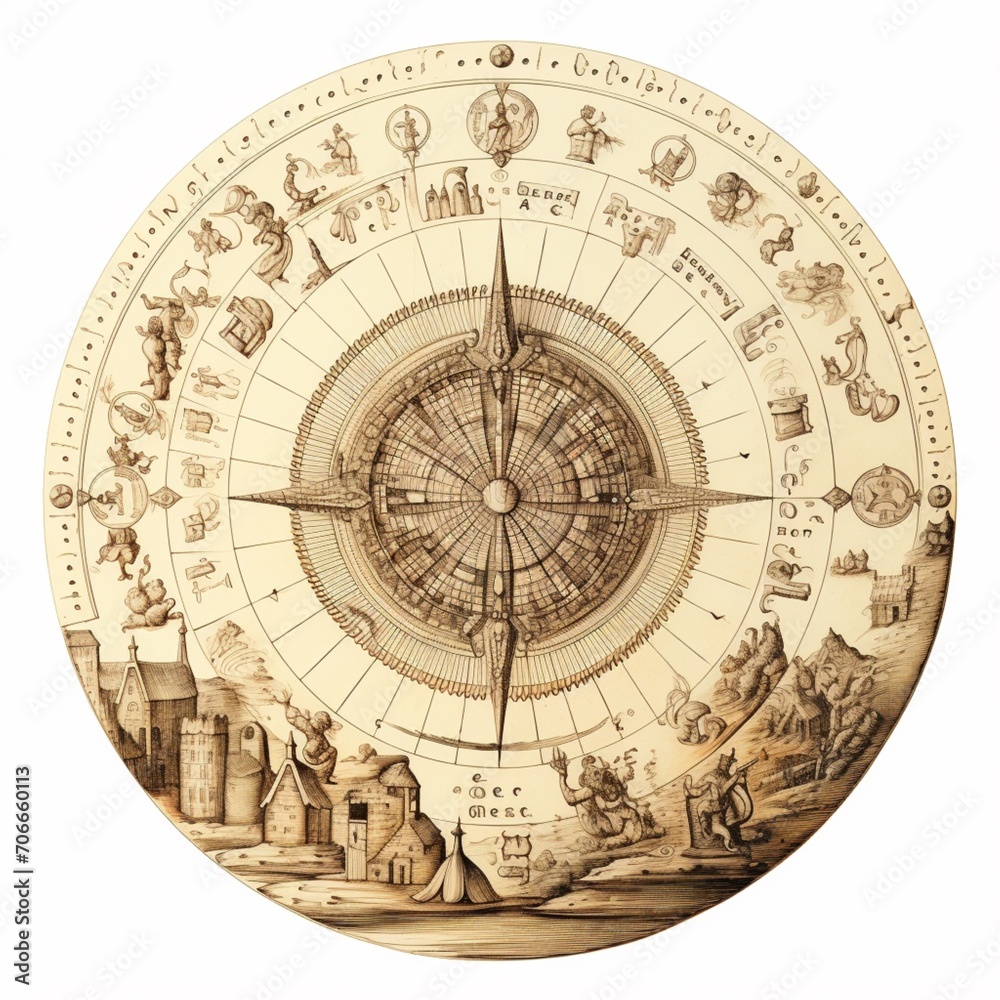 Pencil sketch medieval circular weather calendar image Generative AI