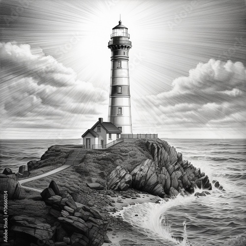 Pencil sketch lighthouse light shining images Generative AI