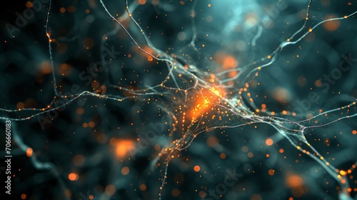 Neurons cells featuring luminescent connections resembling knots. Glowing neurons within the brain, highlighted with a focused effect. The transmission of electrical between synapses and neural cells. photo