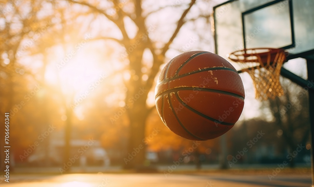 The basket ball falls into the basketball hoop.