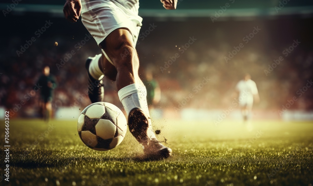 Foot of soccer player kicking football ball on amazing grass stadium.