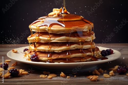 Fried pancakes with maple sling and berries, pancake breakfast on a plate