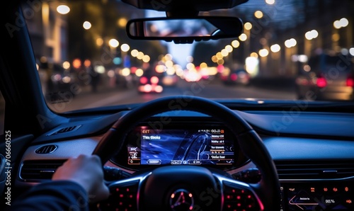 First person view from modern car cockpit with digital car data and driving information.
