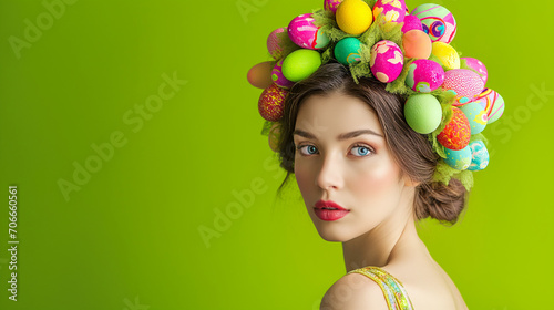 Easter Woman. Spring Girl with Fashion Hairstyle decorated with colorful easter eggs and flowers isolated on green background looking at the camera, with copy space.