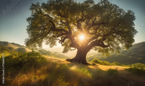 A beautiful old oak tree representing strength and longevity with the full midday light shining from the background.
