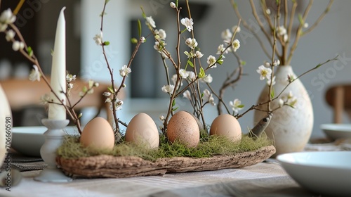 Easter table decoration with egg shells, spanish moss and catkins with copy space. photo