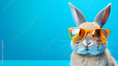 Cool bunny with sunglasses. Isolated on blue background,Eastern Bunny with Sunglasses Against Blue Sky,Cool Cat in Sunglasses: Closeup Portrait on Light Cyan © Chaudary