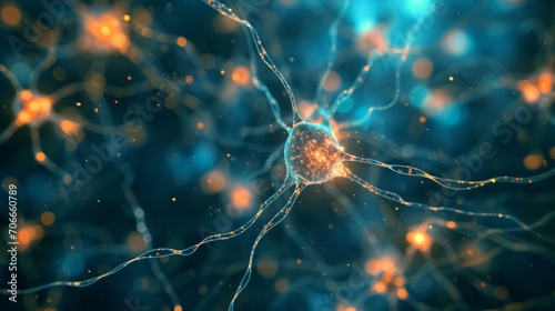 Neurons cells featuring luminescent connections resembling knots. Glowing neurons within the brain, highlighted with a focused effect. The transmission of electrical between synapses and neural cells. photo