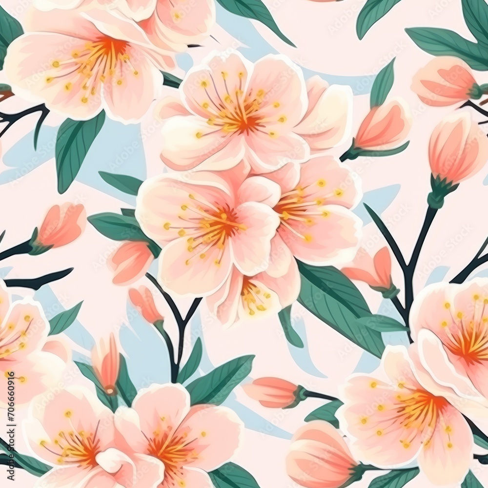 Seamless pattern with blooming peach flowers on a blue background
