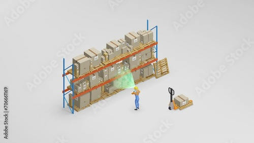 Man scanning inventory in a warehouse. Warehouse Management. Isometric. 4k 3D animation.
