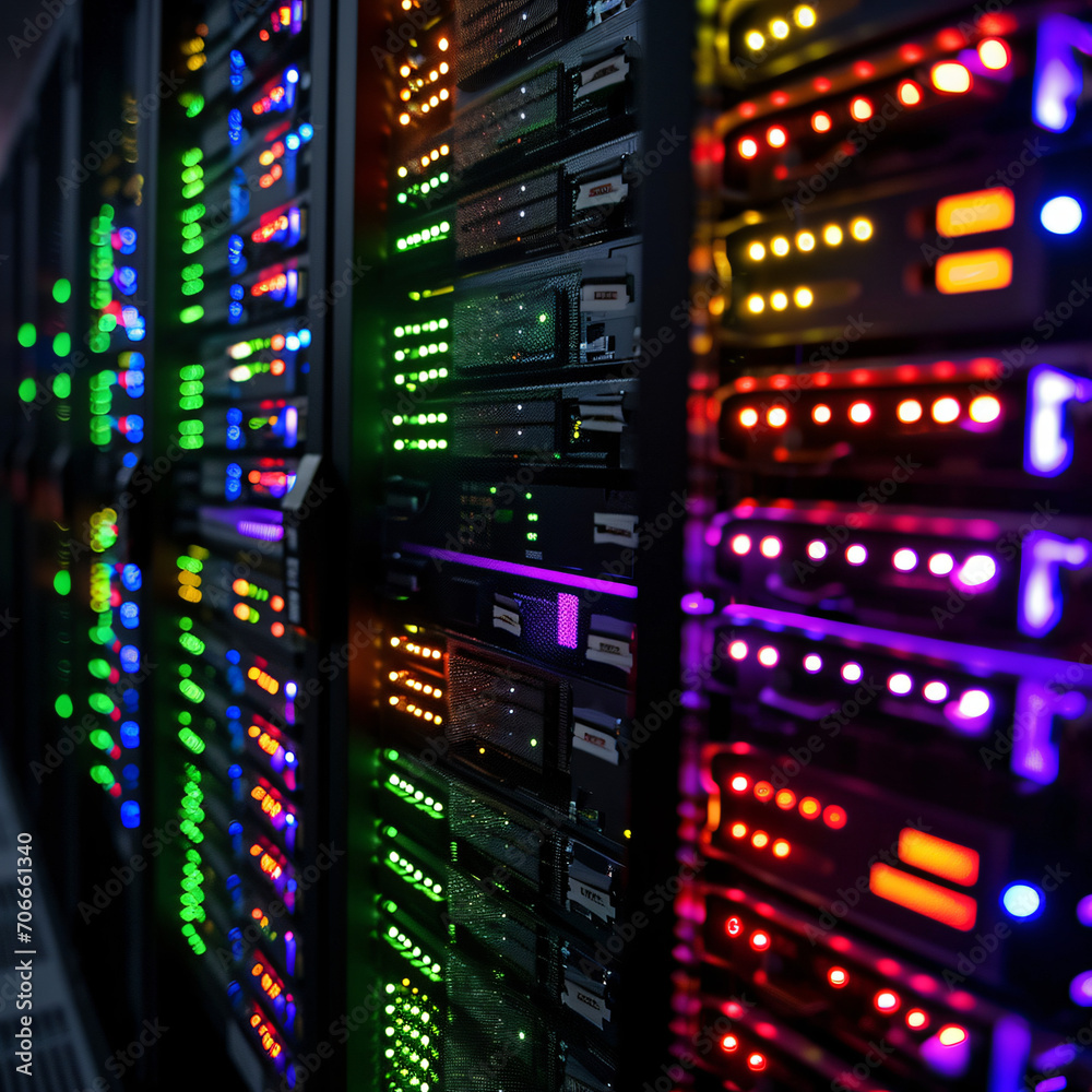 Neon Nexus: Server Room Illuminated with Vibrant Lights - A Futuristic Array of Servers Aglow in Neon Hues - Generative AI