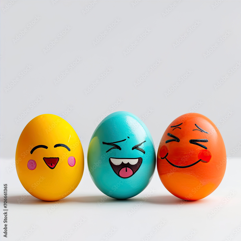 Easter eggs with funny faces on white background. Happy Easter concept.