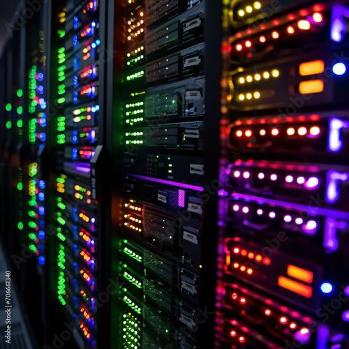 Neon Nexus: Server Room Illuminated with Vibrant Lights - A Futuristic Array of Servers Aglow in Neon Hues - Generative AI