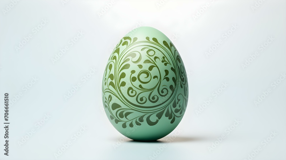 Hand Painted Easter Egg in light green Colors on a white Background. Elegant Easter Template with Copy Space