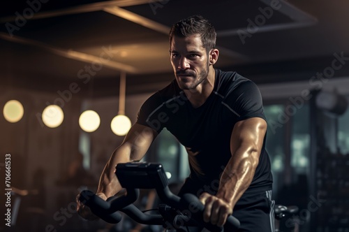 Disciplined Man training fitness bike. Adult equipment health male activity. Generate Ai © juliars