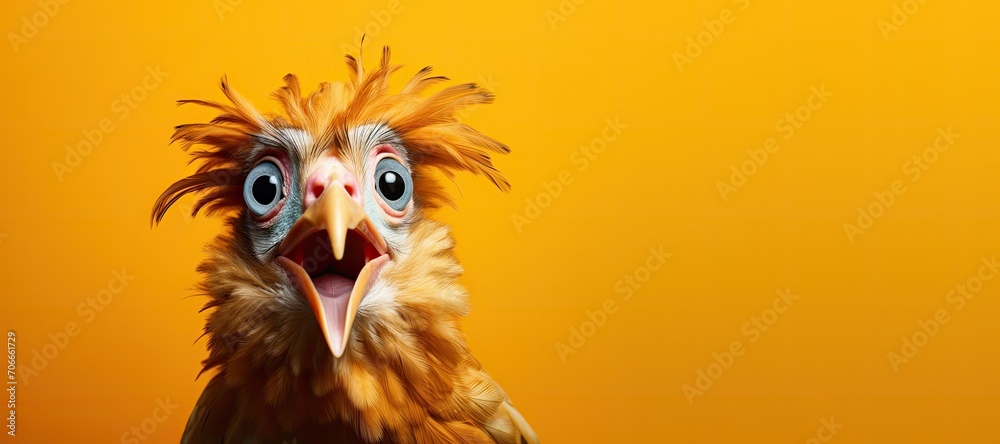 Obraz premium Surprised Shocked Chicken with Big Eyes on a Orange Background with Space for Copy