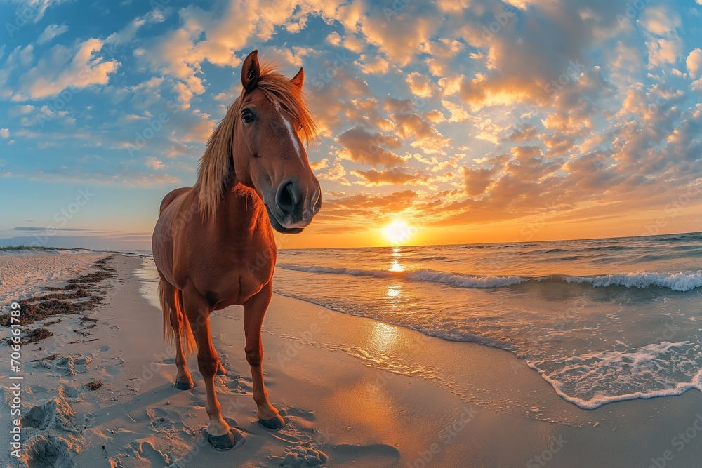 A red horse on the background of the setting sun by the sea. The horse is standing on the shoreline, his gaze is directed at the camera, and the hair of his mane is slightly fluttering in the wind A red horse on the background of the setting sun by the sea. The horse is standing on the shoreline, his gaze is directed at the camera, and the hair of his mane is slightly fluttering in the wind