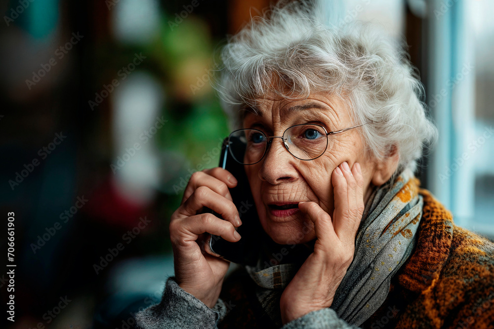 Worried elderly lady in eyeglasses talking on mobile phone, indoors with blurred background Worried elderly lady in eyeglasses talking on mobile phone, indoors with blurred background