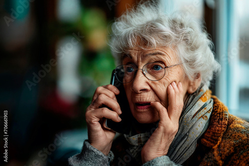 Worried elderly lady in eyeglasses talking on mobile phone, indoors with blurred background