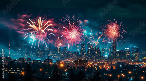 City skyline during festive firework display, AI Generated