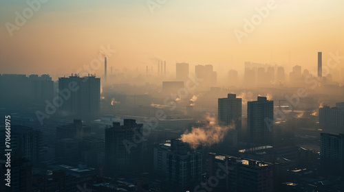 City skyline seen through haze of industrial pollution, AI Generated