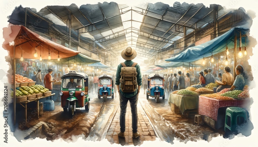 This is a detailed and atmospheric watercolor painting depicting a bustling market scene. This is a detailed and atmospheric watercolor painting depicting a bustling market scene.