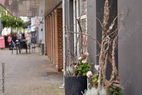 There is a large pot with a decorative tree near the cafe on the street of the old town. View in perspective