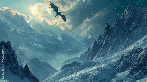 Dragon soaring over snowy mountains under light of full moon, AI Generated