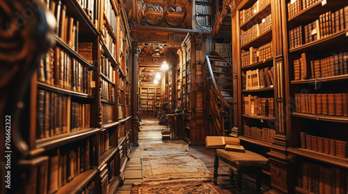 Labyrinth-type library with endless rows of antiquated books and hidden nooks, AI Generated photo