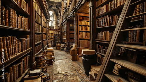 Labyrinth-type library with endless rows of antiquated books and hidden nooks, AI Generated photo
