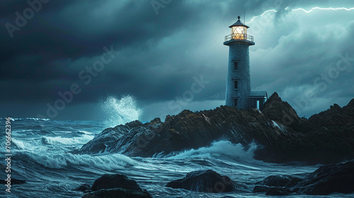 Lonely lighthouse guiding ships on stormy night, AI Generated photo