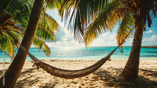 Serene beach view with hammock tied between palm trees  AI Generated