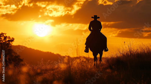 Silhouette of cowboy riding off towards horizon at sundown, AI Generated © Shining Pro