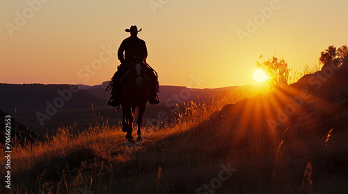 Silhouette of cowboy riding off towards horizon at sundown, AI Generated © Shining Pro