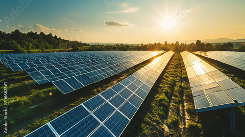 Solar farm representing renewable energy industry, AI Generated photo