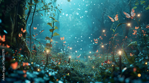 Whimsical forest scene with fairies and glowing plants under starlit sky, AI Generated photo