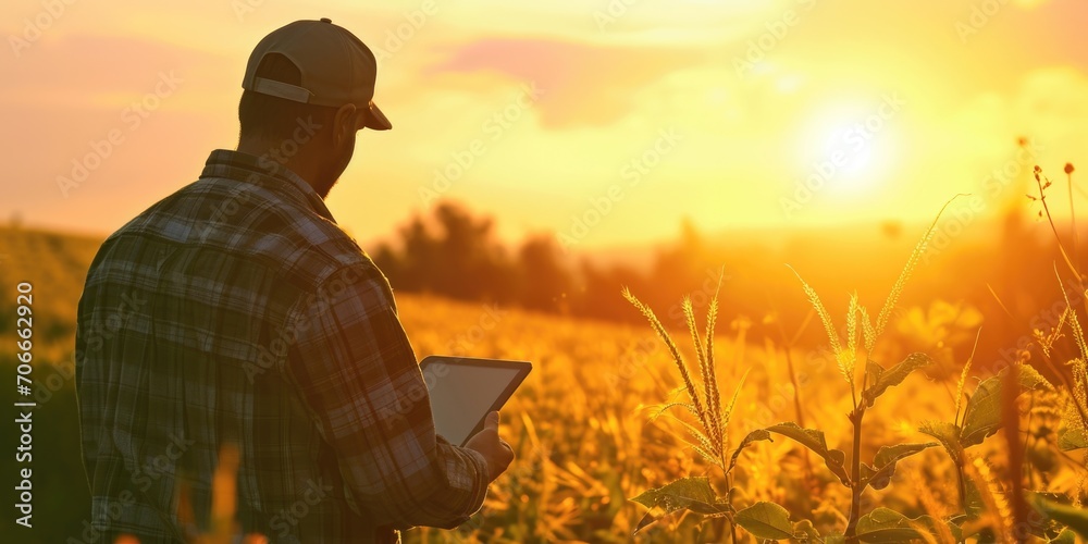 Farmer Reviewing Crop Field at Sunset, Agricultural Planning