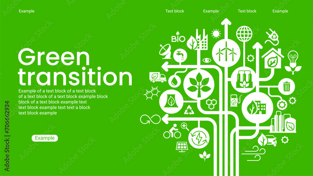 Alternative clean energy. Transition to environmentally friendly world concept.  Ecology infographic. Green power production. Transition to renewable alternative energy. - obrazy, fototapety, plakaty 