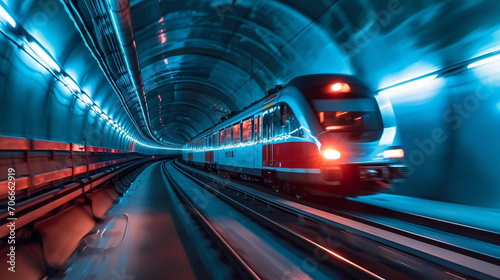 Electric train speeding through tunnel showcasing sustainable transportation, AI Generated