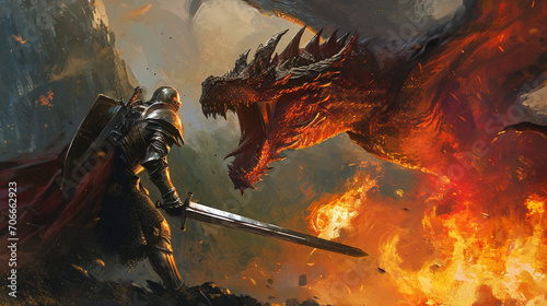 Epic battle between knights and fire-breathing dragon, AI Generated