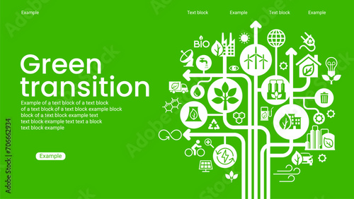 Alternative clean energy. Transition to environmentally friendly world concept.  Ecology infographic. Green power production. Transition to renewable alternative energy. photo
